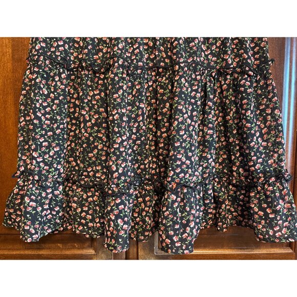 Floral Black Ruffle Mini Skirt With Elastic Waist & Tie By Sienna Sky Size M - Picture 8 of 11